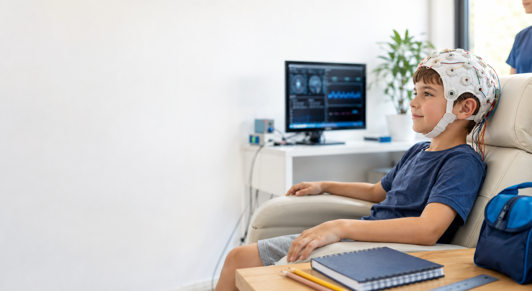 Vaikas neurofeedback užsiėmime ir mokyklinės priemonės