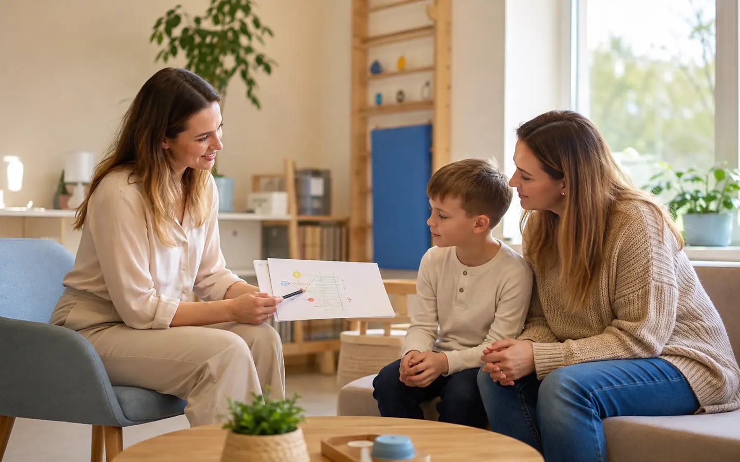 Šeimos konsultacijos iliustracija: mama su vaiku kalbasi su specialiste
